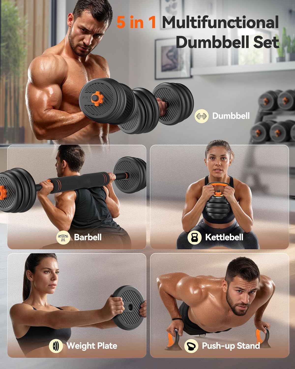FEIERDUN DS2 Adjustable Dumbbells, 20/30/40/45/70/90lbs Free Weight Set with Connector, 5 in1 Dumbbells Set Used as Barbell, Kettlebells, Push up Stand, Weight Plate, Fitness Exercises for Home Gym Suitable Men/Women - Image 2