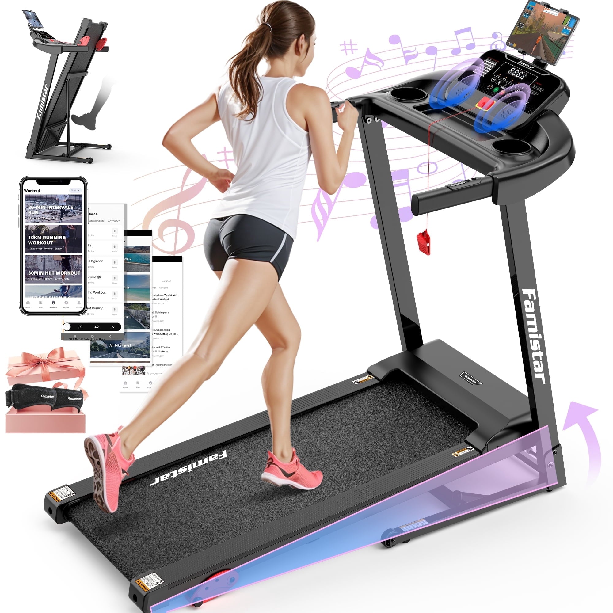 Treadmill for Home, Portable Folding Electric Exercise Treadmill with Adjustable Incline, APP Control, 64 Programs, 320 lb Capacity, 7.5MPH, Bluetooth Speakers, Running Walking Jogging, 12/23 Update