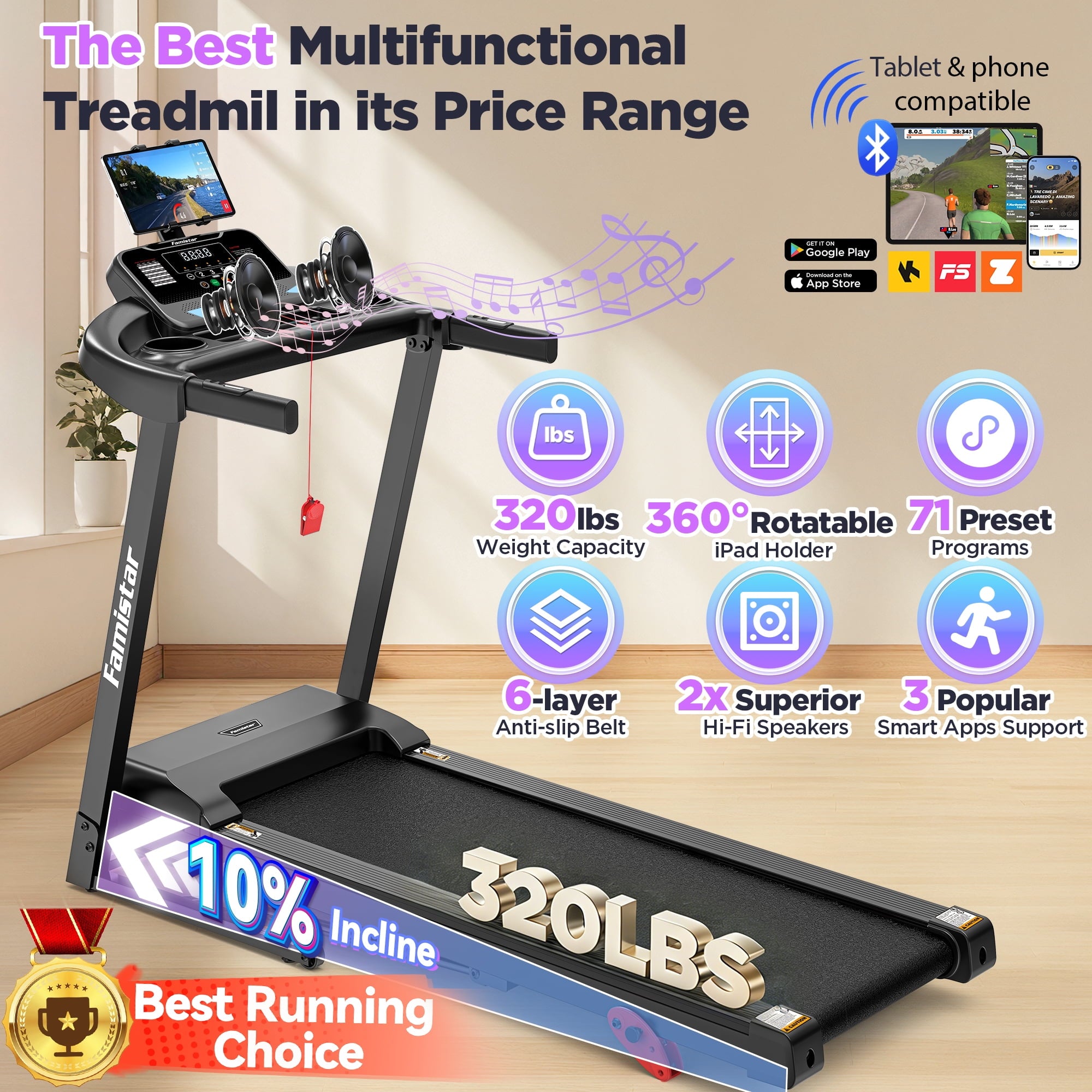 Treadmill for Home, Portable Folding Electric Exercise Treadmill with Adjustable Incline, APP Control, 64 Programs, 320 lb Capacity, 7.5MPH, Bluetooth Speakers, Running Walking Jogging, 12/23 Update - Image 3