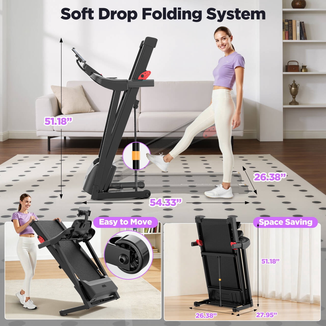 Treadmill for Home, Portable Folding Electric Exercise Treadmill with Adjustable Incline, APP Control, 64 Programs, 320 lb Capacity, 7.5MPH, Bluetooth Speakers, Running Walking Jogging, 12/23 Update - Image 6