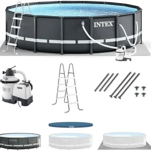 Intex Ultra XTR Frame 14′ x 42″ Round Above Ground Outdoor Swimming Pool Set with Sand Filter Pump, Ladder, Ground Cloth, and Pool Covers