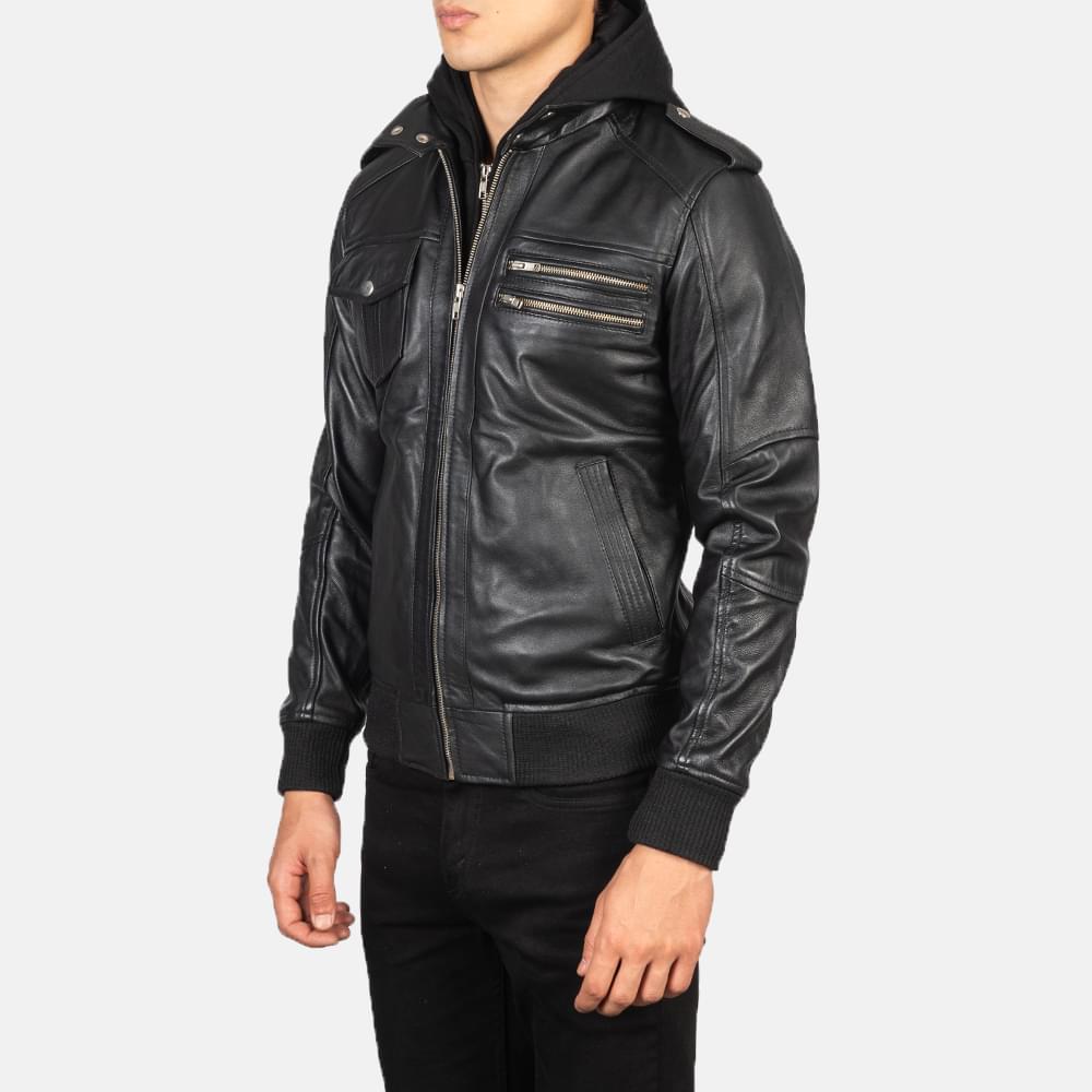 Bravado Black Hooded Leather Bomber Jacket - Image 2