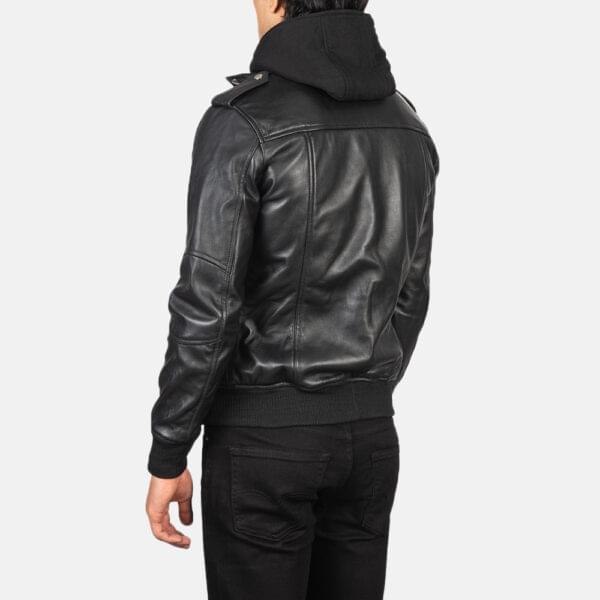 Bravado Black Hooded Leather Bomber Jacket - Image 3