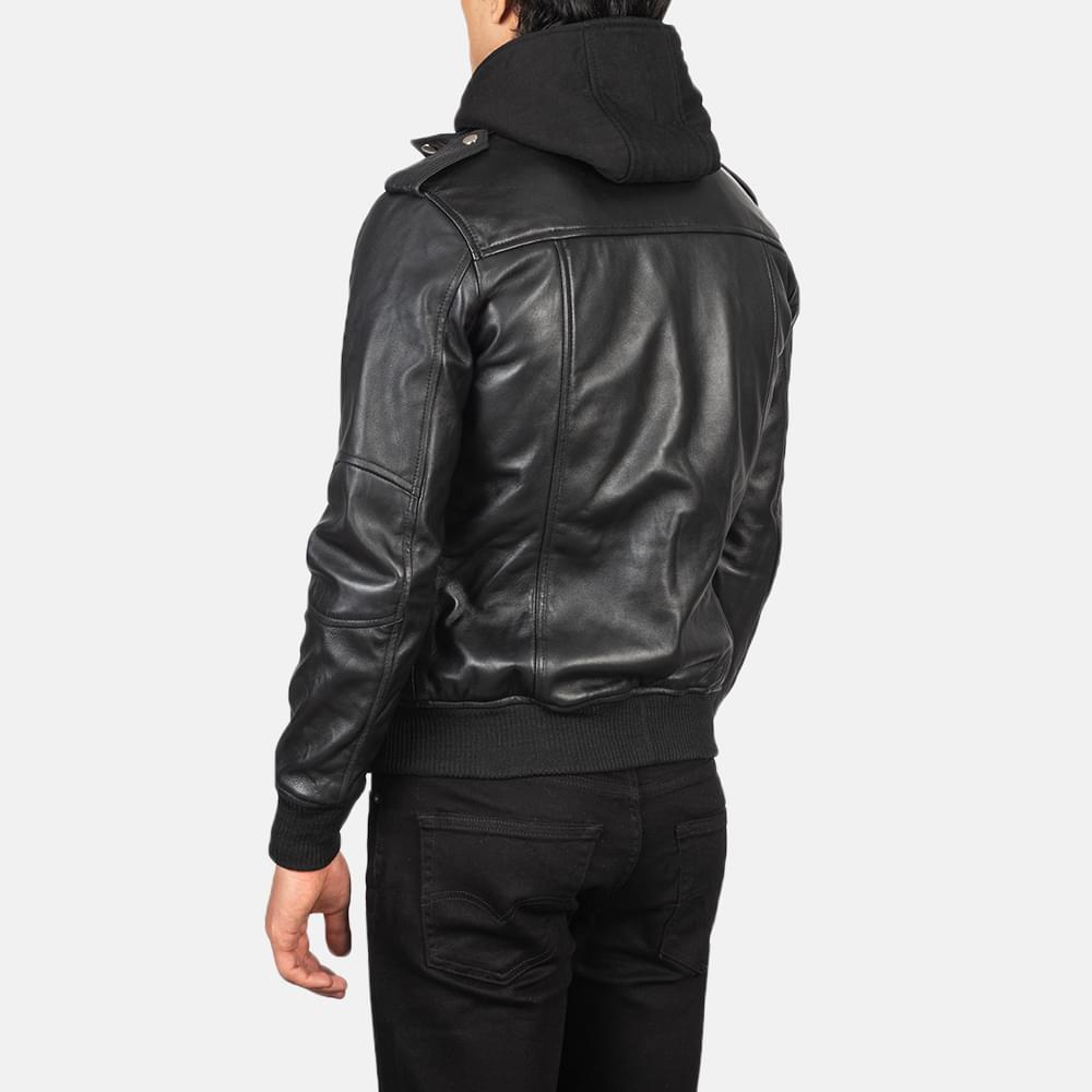 Bravado Black Hooded Leather Bomber Jacket - Image 3
