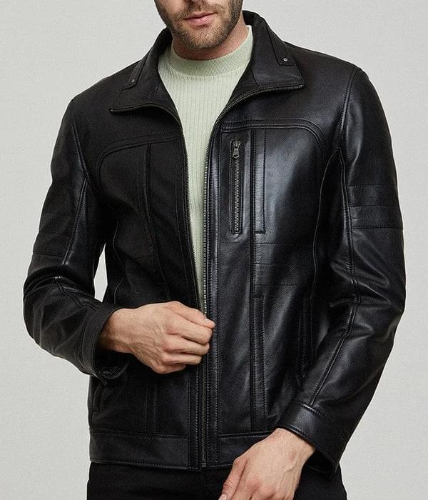 Men's Black Zippered Accents Leather Biker Jacket