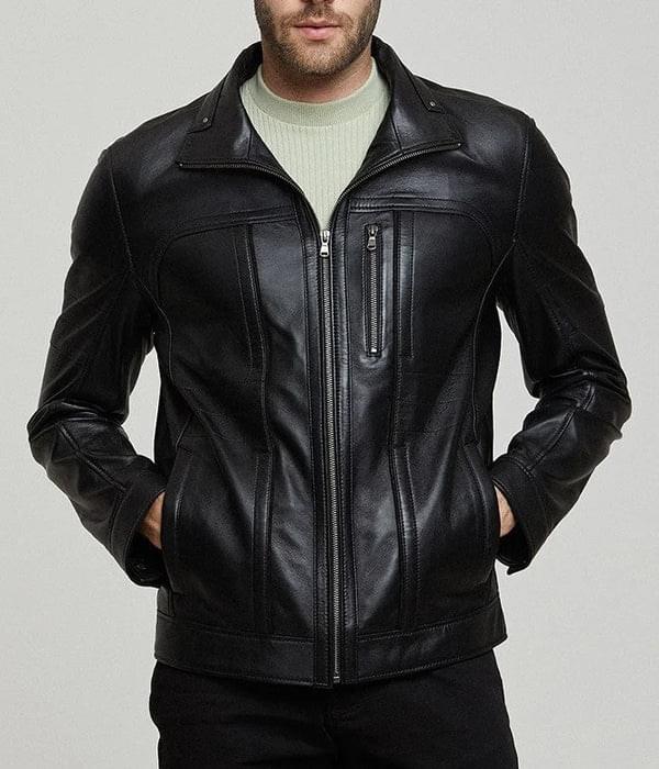 Men's Black Zippered Accents Leather Biker Jacket - Image 2